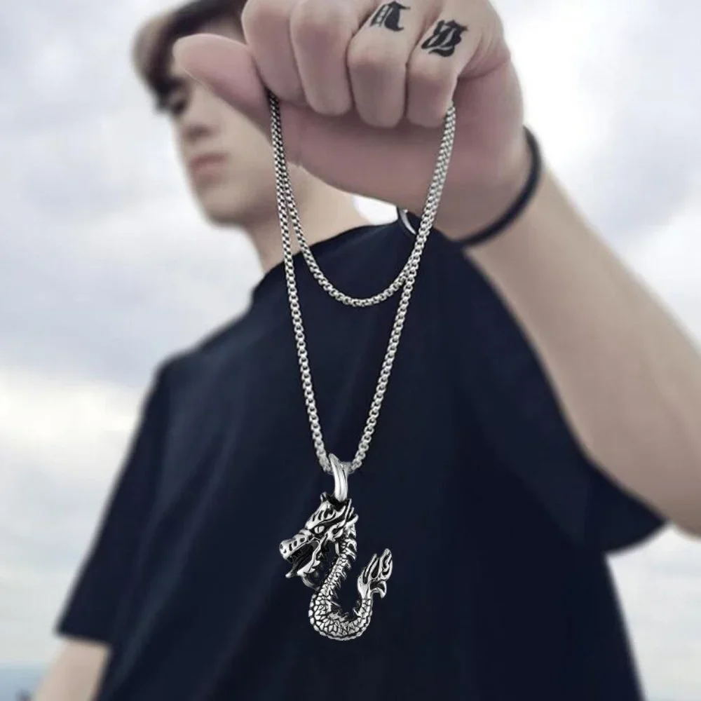 ❤️Rock Vintage dragon zodiac punk pendant necklace for women/men, N90201P189
